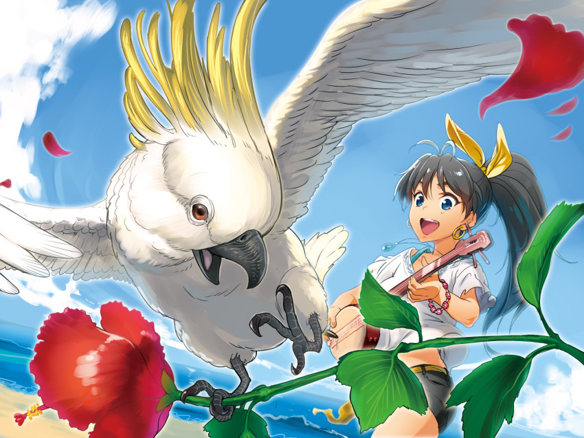 andou_shuki animal beach bird black_hair blue_eyes cockatoo commentary_request earrings female flower ganaha_hibiki hair_ribbon hibiscus idolmaster idolmaster_(classic) instrument jewelry ocean parrot pendant ponytail ribbon solo sulphur-crested_cockatoo