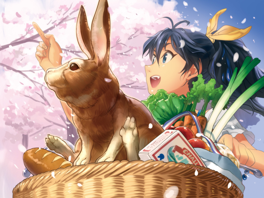 andou_shuki animal black_hair bread carrot cherry_blossoms commentary_request female food ganaha_hibiki hair_ribbon idolmaster idolmaster_(classic) long_hair petals ponytail rabbit ribbon solo spring_onion