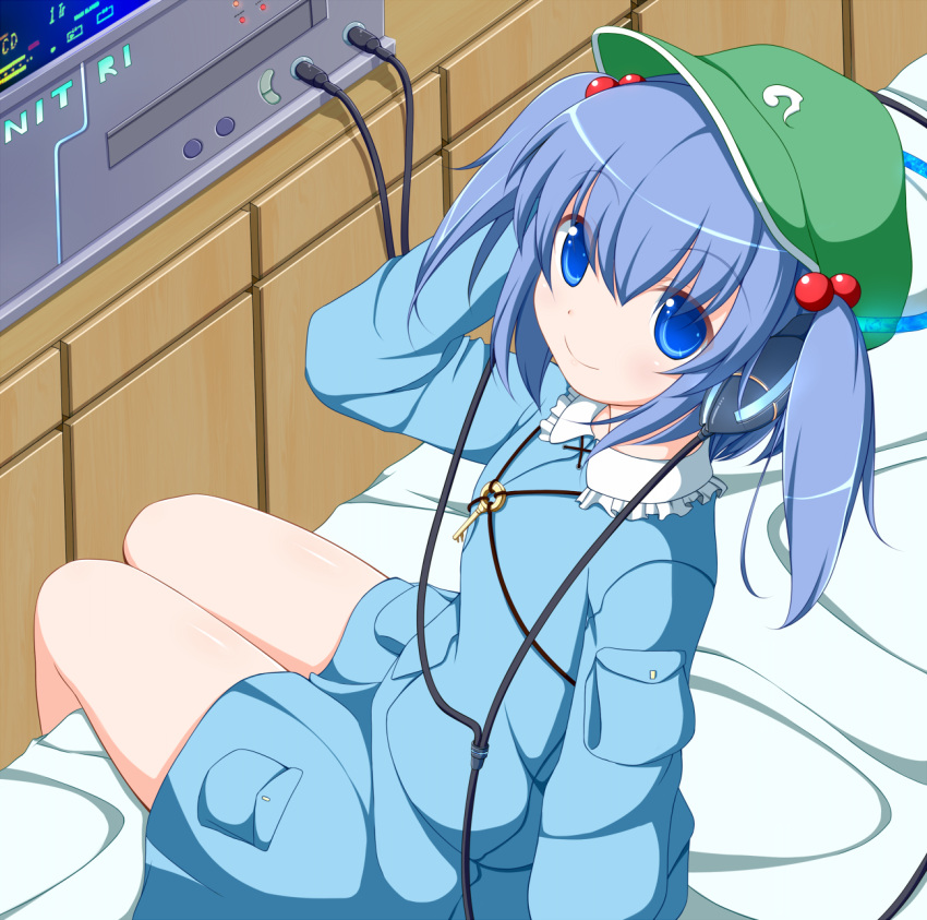 arm_support bed blue_eyes blue_hair commentary_request female hair_bobbles hair_ornament hat headphones highres kawashiro_nitori key nikku_(ra) on_bed short_hair skirt smile solo touhou two_side_up