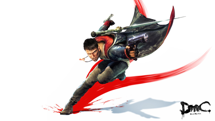 1boy absurdres boots brown_hair capcom cape dante dante_(dmc:_devil_may_cry) devil_may_cry dmc:_devil_may_cry donte ebony_&_ivory gun handgun highres jewelry male male_focus necklace pistol rebellion_(sword) shadow short_hair solo sword weapon white_background