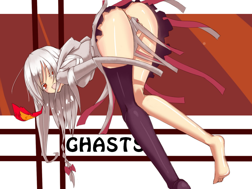 analog_kenshi_(moto) ass asymmetrical_clothes barefoot bent_over black_thighhighs commentary_request covering_crotch covering_privates feet female fire ghast grey_hair highres hood legs long_hair looking_back minecraft no_panties oerba_yun_fang open_mouth personification red_eyes ribbon shoes simple_background single_shoe single_thighhigh solo thighhighs typo white_hair