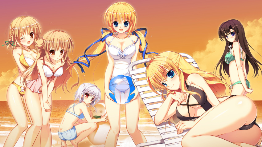 6+girls absurdres akigase_nozomi ass ball beach beachball bent_over bikini black_hair blonde_hair blue_eyes blush breasts brown_eyes brown_hair butt_crack chair cleavage denim denim_shorts evening game_cg half_updo haruno_kaede haruno_sakura_(manatsu_no_yoru_no_yuki_m haruno_sakura_(manatsu_no_yoru_no_yuki_monogatari) highres kazamatsuri_koromo kazamatsuri_mana long_hair looking_at_viewer lounge_chair manatsu_no_yoru_no_yuki_monogatari mikeou multiple_girls purple_eyes sand_sculpture shinjou_yukina short_hair shorts silver_hair swimsuit twintails