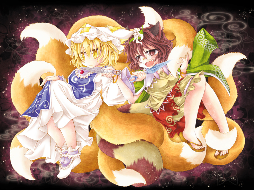 2girls animal_ears blonde_hair breasts brown_eyes brown_hair commentary_request dress flip-flops fox_tail full_body futatsuiwa_mamizou glasses hat intertwined_tails knife kunai leaf leaf_on_head medium_breasts multiple_girls multiple_tails mumumu oerba_yun_fang open_mouth pince-nez raccoon_ears raccoon_girl raccoon_tail sandals short_hair sitting_on_another's_tail sitting_on_own_tail smile tabard tail touhou weapon yakumo_ran yellow_eyes