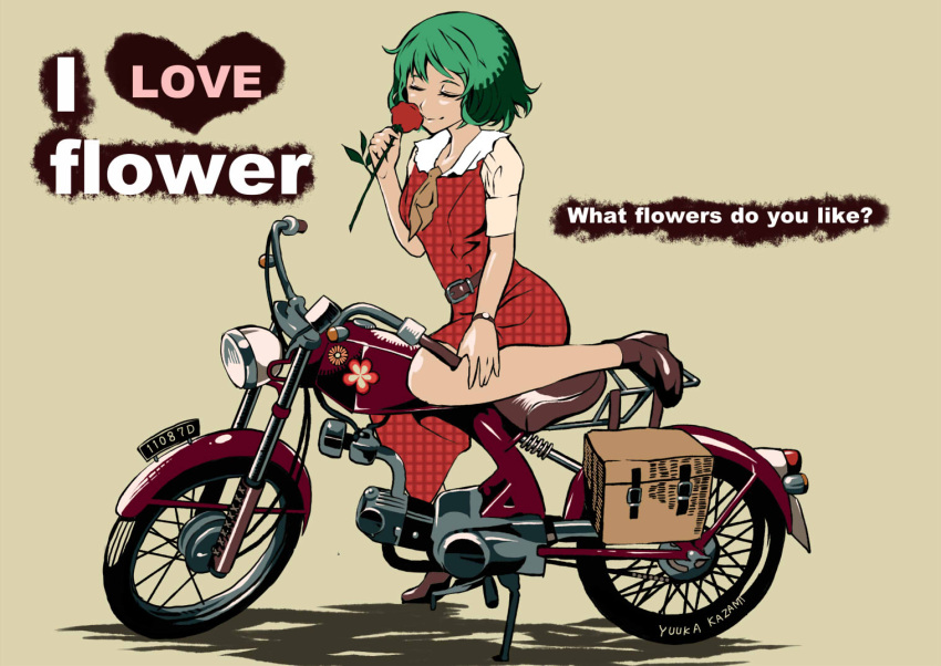 bare_legs basket belt character_name closed_eyes commentary_request english_text engrish_text female flower ginjuuji green_hair kazami_yuuka motor_vehicle motorcycle ranguage rose short_hair simple_background smile solo touhou watch wristwatch