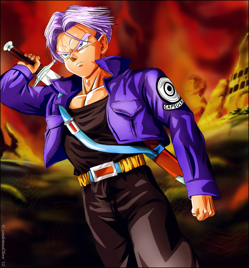 1boy :| belt black_pants black_shirt blue_eyes blue_hair capsule_corp clenched_hand closed_mouth commentary_request condemned2love dragon_ball dragon_ball_z highres holding holding_sword holding_weapon jacket looking_to_the_side male_focus md5_mismatch muscular pants pectoral_cleavage pectorals photoshop_(medium) resolution_mismatch serious sheath shirt shirt_tucked_in short_hair solo source_smaller sword trunks_(dragon_ball) trunks_(future)_(dragon_ball) v-shaped_eyebrows weapon