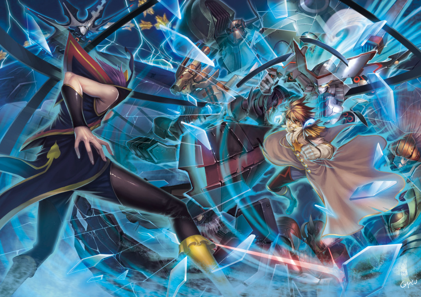 2boys black_legwear blonde_hair commentary_request energy_sword gloves glowing gradient_hair gyworz highres mecha miyabi_reiji multicolored_hair multiple_boys photoshop_(medium) purple_hair red_eyes red_hair robot star_(symbol) star_driver sword tauburn_(star_driver) tsunashi_takuto weapon