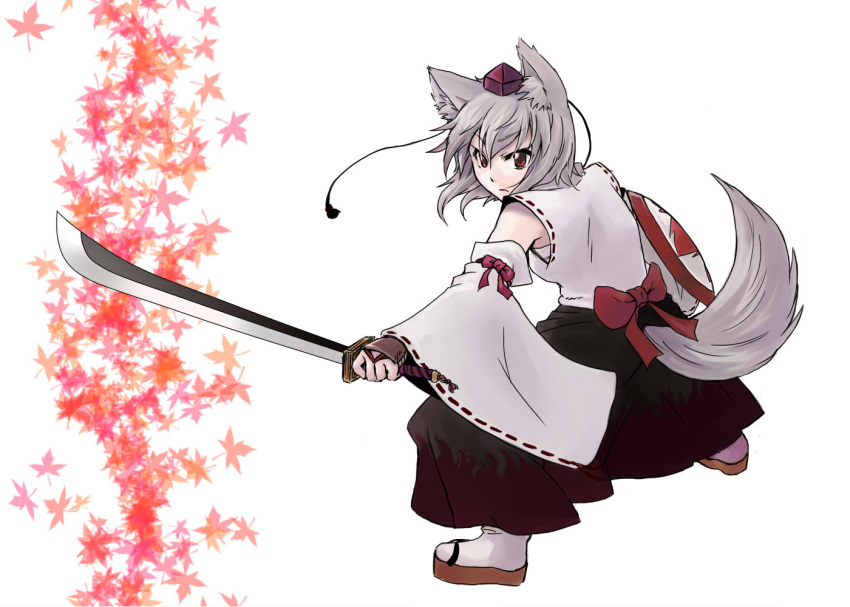 animal_ears bare_shoulders bow commentary_request detached_sleeves female fighting_stance gauntlets grey_hair hat holding inubashiri_momiji leaf maple_leaf ooike_teru red_eyes ribbon sandals sarashi shield short_hair simple_background socks solo sword tail tokin_hat touhou weapon white_socks wolf_ears wolf_tail