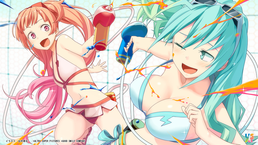 2girls aqua_eyes aqua_hair bikini breasts cleavage himura_kiseki long_hair orange_hair pink_eyes pink_hair sumako_(ultra_super_anime_time) sunglasses supika_(ultra_super_anime_time) swimsuit twintails ultra_super_anime_time weapon wink