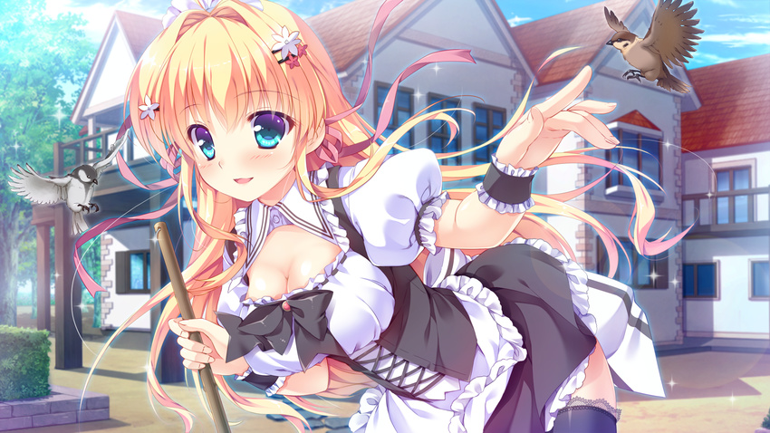 animal aqua_eyes bird blonde_hair breasts cleavage escu:de fall_in_love_x_4_tune game_cg karen_uruputasu long_hair maid mikeou thighhighs