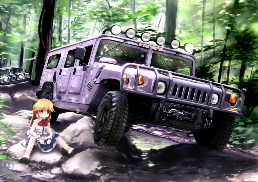 2girls blonde_hair brown_eyes car commentary_request forest horns hummer hummer_h1 ibuki_suika kirisame_marisa long_hair motor_vehicle multiple_girls nature rock sitting sports_utility_vehicle touhou tree tsubasa_(abchipika) vehicle_focus water