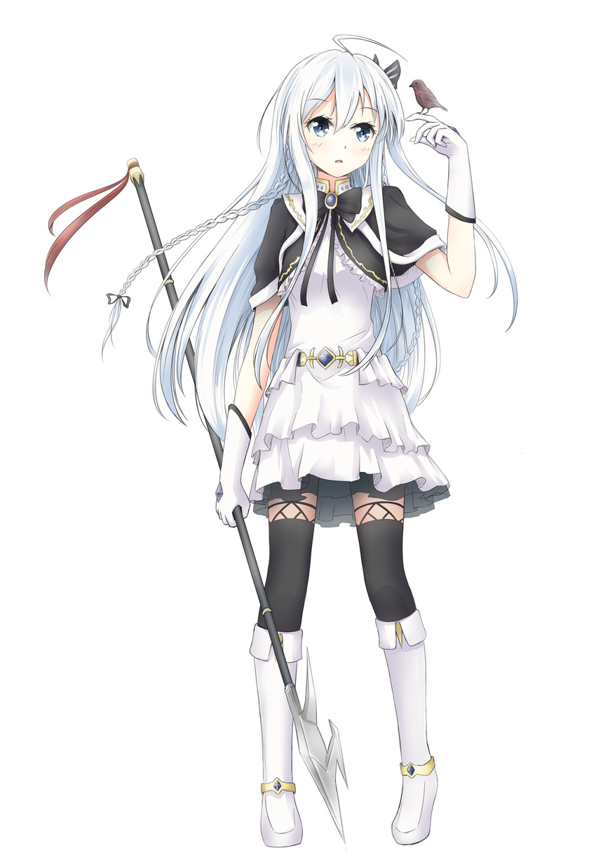 ahoge asakurashinji bow braid commentary_request female gloves grey_eyes hair_ribbon hairbow highres holding long_hair looking_at_viewer original parted_lips polearm ribbon simple_background single_braid solo spear weapon white_background white_gloves white_hair