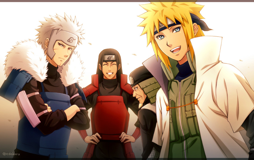 4boys armor black_hair blonde_hair commentary_request facial_mark forehead_protector fur_trim karuta410 long_hair male_focus multiple_boys namikaze_minato naruto naruto_(series) naruto_shippuuden sarutobi_hiruzen senju_hashirama senju_tobirama spiked_hair white_hair