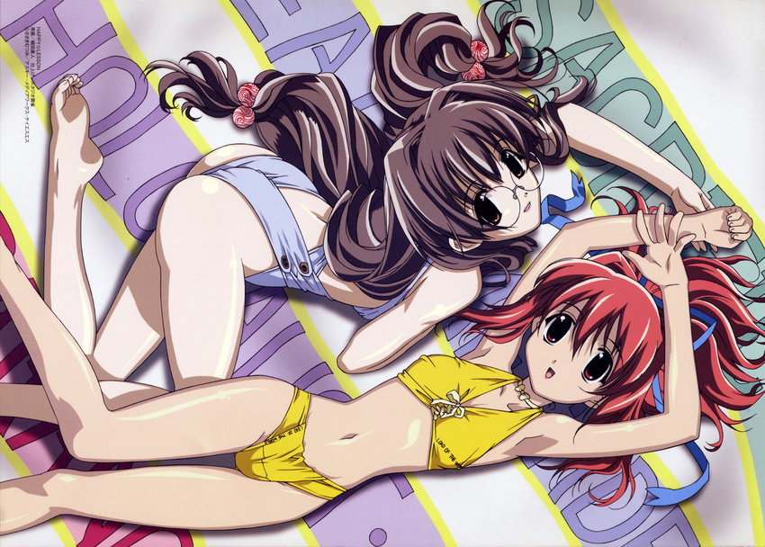 2girls absurdres arms_up ass barefoot bikini blue_swimsuit brown_eyes brown_hair crease feet glasses hair_ornament happy_lesson highres hosoda_naoto ichimonji_mutsuki long_hair lying multiple_girls red_eyes red_hair rokumatsuri_minazuki swimsuit toes yellow_bikini