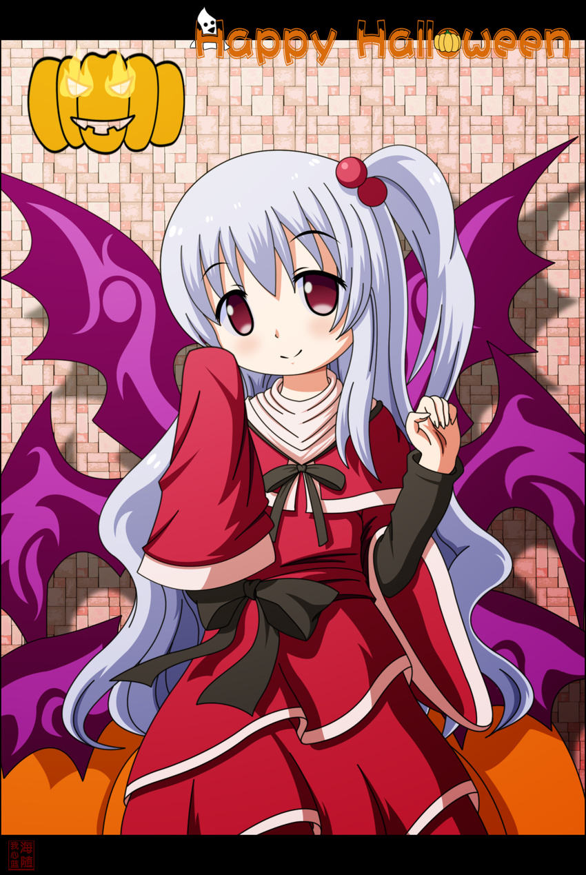 commentary_request dress female ghost grey_hair hair_bobbles hair_ornament halloween happy_halloween highres jack-o'-lantern letterboxed long_hair mahou_shoujo_madoka_magica mahou_shoujo_madoka_magica_(anime) one_side_up parody purple_wings red_eyes shinki_(touhou) smile solo style_parody touhou touhou_(pc-98) wings woofey