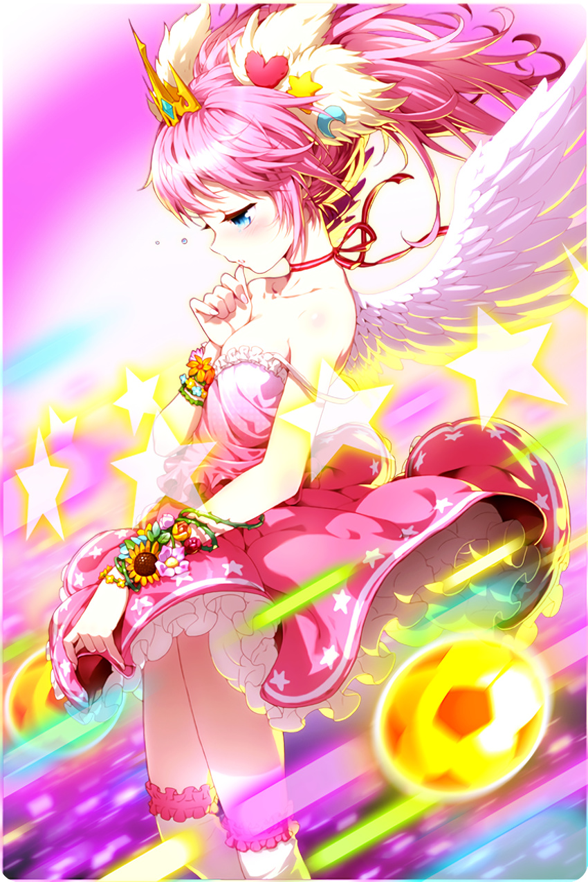 angel_wings ball bare_shoulders blue_eyes bracelet collarbone comiccho crown dress female frilled_dress frills hair_ornament heart heart_hair_ornament highres jewelry nari_(soccer_spirits) pink_dress pink_hair plant soccer_ball soccer_spirits solo standing star_(symbol) star_hair_ornament thighhighs thorns thumb_to_mouth transparent_background vines white_thighhighs white_wings wings