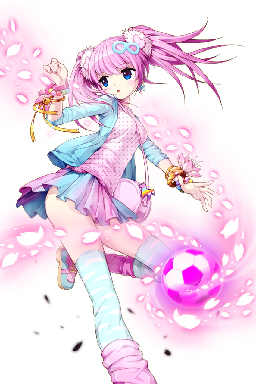 bag ball bell blue_eyes blue_thighhighs bracelet comiccho earrings female flower handbag highres jewelry jingle_bell nari_(soccer_spirits) official_art open_mouth pink_hair shoes skirt sneakers soccer_ball soccer_spirits solo standing standing_on_one_leg thighhighs transparent_background twintails wristband