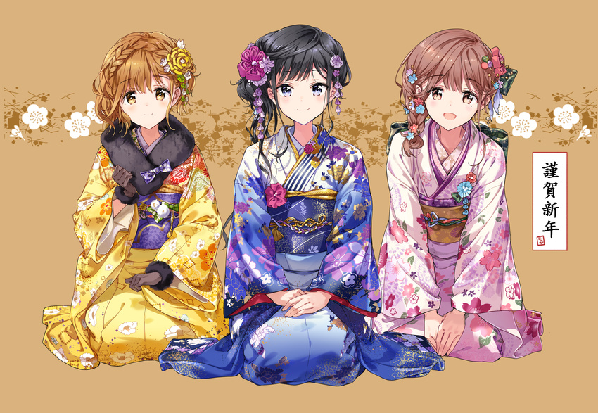 3girls adagaki_aki black_eyes black_gloves black_hair blue_kimono blunt_bangs blush braid brown_eyes brown_hair closed_mouth commentary_request floral_print fujinomiya_neko fur_trim furisode gloves hair_between_eyes hair_ornament highres japanese_clothes kimono koiwai_yoshino light_brown_hair long_sleeves looking_at_viewer masamune-kun_no_revenge mole mole_under_eye multiple_girls new_year obi open_mouth partial_commentary pink_kimono sash sitting smile tiv wide_sleeves yellow_kimono