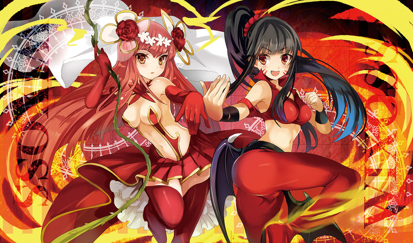 2girls black_hair breasts cameltoe elbow_gloves fire hanayo_(wixoss) headdress kick long_hair musou_yuchi orange_eyes pink_hair ponytail skirt thighhighs wings wixoss wristwear yuzuki_(wixoss)