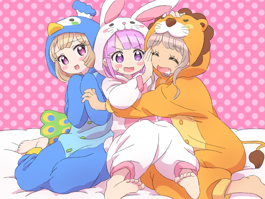 3girls :d ^_^ animal_costume bad_id bad_pixiv_id barefoot blush_stickers closed_eyes feet girl_sandwich hand_on_another's_face hug ikzw lion_costume manaka_non manaka_non_(normal) multiple_girls open_mouth penguin_costume polka_dot polka_dot_background pretty_series pripara purple_eyes purple_hair rabbit_costume sandwiched sitting sleeves_past_wrists smile soles sweatdrop taiyo_pepper tsukikawa_chili tsukikawa_chili_(normal) yokozuwari