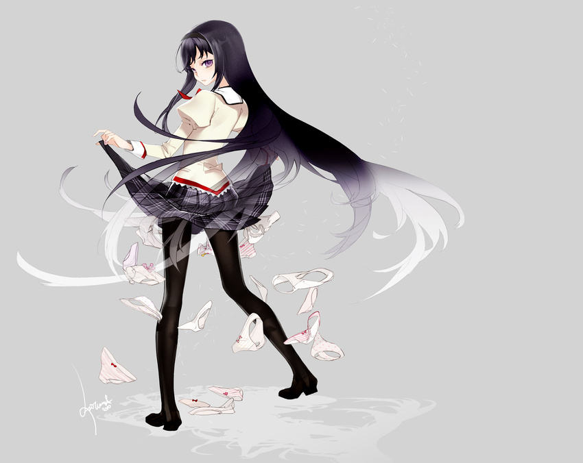 absurdres akemi_homura antenna_(draconian) bakemonogatari black_hair black_hairband black_pantyhose bow bow_panties closed_mouth clothes_lift commentary_request female female_pervert full_body grey_background hairband highres juliet_sleeves legs_apart lifting_own_clothes long_hair long_sleeves looking_at_viewer looking_back mahou_shoujo_madoka_magica mahou_shoujo_madoka_magica_(anime) mitakihara_school_uniform monogatari_(series) multiple_panties panties pantyhose parody partial_commentary pervert photoshop_(medium) plaid plaid_skirt polka_dot polka_dot_panties puffy_sleeves purple_eyes saitou_chiwa school_uniform senjougahara_hitagi senjougahara_pose signature simple_background skirt skirt_lift solo standing striped_clothes striped_panties underwear unworn_panties very_long_hair voice_actor_connection