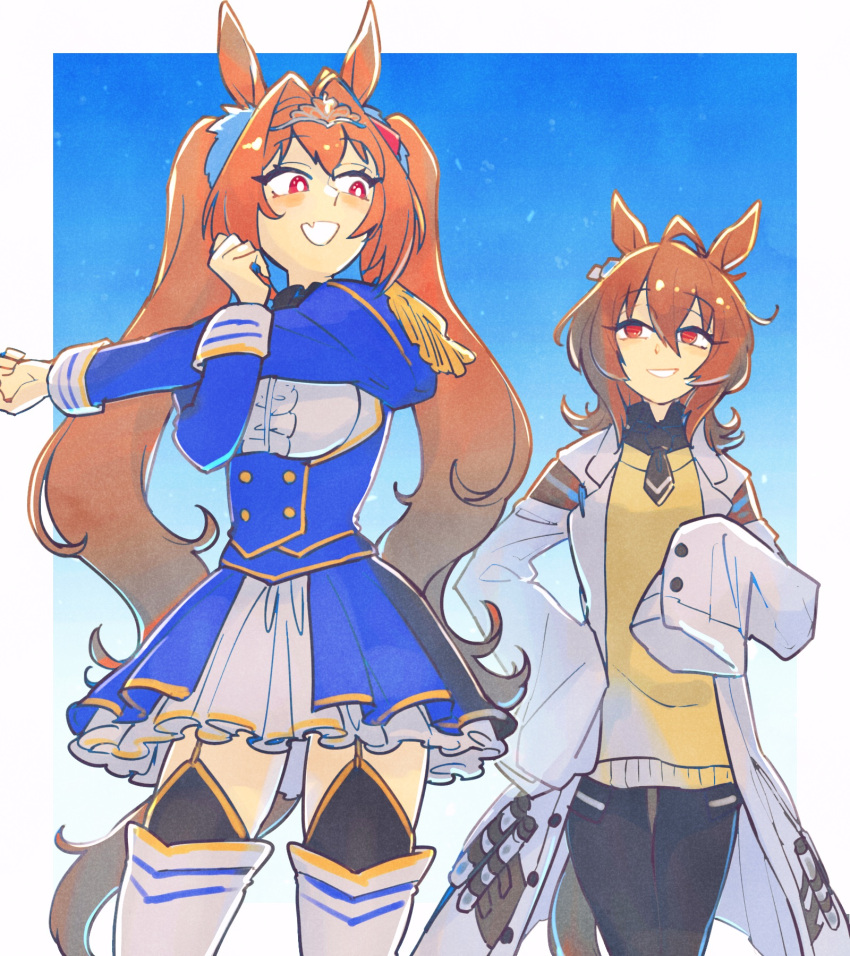 2girls agnes_tachyon_(umamusume) ahoge animal_ears brown_hair coat daiwa_scarlet_(umamusume) framed_breasts grin highres horse_ears horse_girl horse_tail long_hair long_sleeves multiple_girls sleeves_past_wrists smile stretching tail teeth test_tube umamusume underbust white_coat yoshidanoe