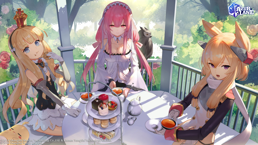 animal anthro azur_lane bird blonde_hair blue_eyes breasts cleavage dress elbow_gloves flowers food gloves logo long_hair manjuu_(azur_lane) owl perseus_(azur_lane) pink_eyes pink_hair purple_eyes queen_elizabeth_(azur_lane) sukocchi twintails warspite_(azur_lane)