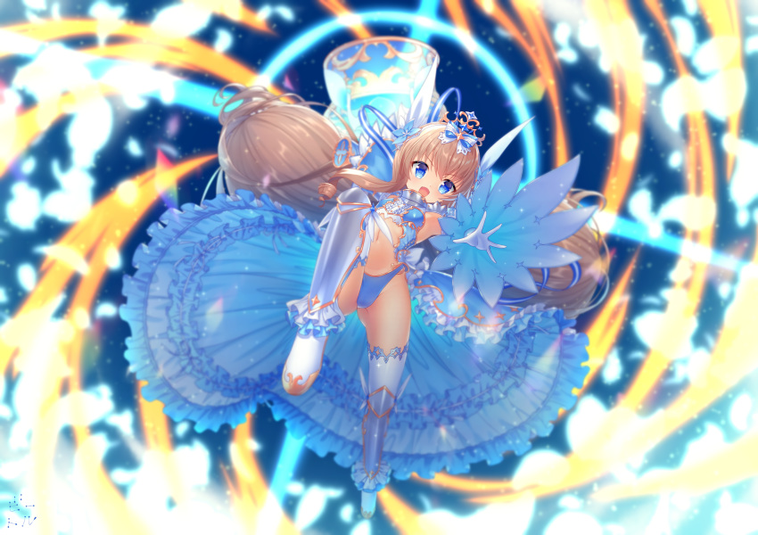 :d armor awakening_(sennen_sensou_aigis) bettle_(b_s_a_n) blue_bow blue_dress blue_eyes blue_ribbon bow brown_hair dress female frills full_body gloves greaves hairbow hammer highres long_hair midriff navel open_mouth outstretched_hand panties ribbon sennen_sensou_aigis smile solo teeny_(sennen_sensou_aigis) thighhighs underwear very_long_hair white_gloves