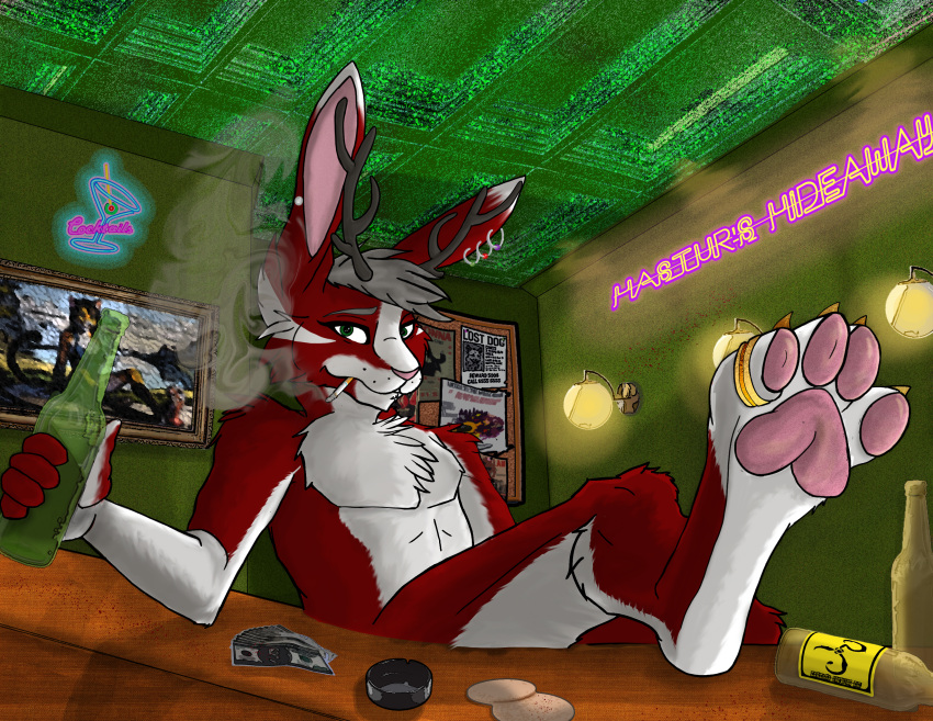 absurd_res alcohol anthro antlers bar beer beverage cigarette coaster cocktail_glass container countertop cup digit_ring drinking_glass ear_piercing ear_ring english_text feet foot_fetish foot_focus fur glass glass_container glass_cup green_eyes grey_hair hair hi_res horn jackalope jewelry lagomorph looking_at_viewer male mammal money multiple_ear_ring neon_lights painting_(object) pawpads paws piercing red_body red_fur ring ring_piercing sans_alembic_(character) sansalembic_(artist) smoking smoking_cigarette solo text toe_ring toes