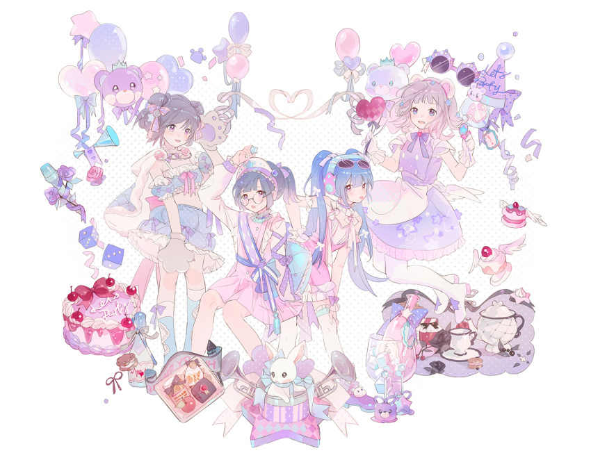 4girls animal_ears animal_hands balabling balloon banner bare_shoulders bear_ears blue_eyes blue_hair blue_skirt blue_socks bow bowtie buttons cake contrapposto crop_top cup detached_sleeves double-breasted double_bun dress eyewear_on_head fake_animal_ears food frilled_skirt frills full_body gloves gradient_dress grey_hair hair_bun halftone hand_on_own_head hand_on_own_hip hand_on_own_leg hat headphones highres instrument kneehighs long_hair low_wings microphone multiple_girls original party_hat paw_gloves pink_eyes pink_hair pink_skirt purple_bow purple_bowtie purple_dress purple_eyes ribbon saucer shirt short_ponytail short_sleeves sidelocks simple_background skirt socks stomach sunglasses suspender_skirt suspenders tank_top teacup teapot thighhighs trumpet white_background white_gloves white_shirt white_sleeves white_tank_top white_thighhighs white_wings wings