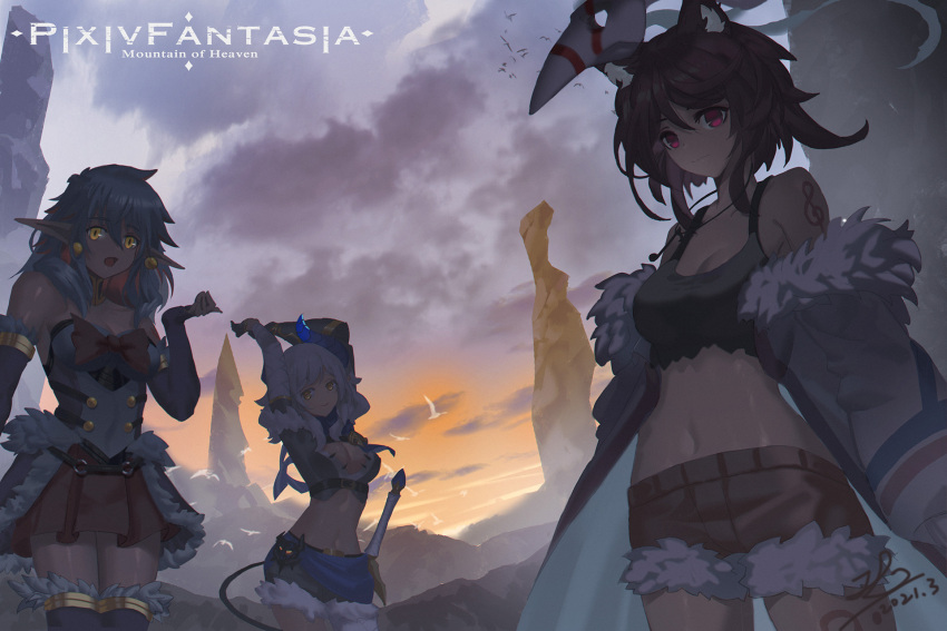 3girls animal_ears arms_up bird bow breasts cat_ears cleavage cloud copyright_name dated detached_sleeves earrings fur_trim grey_hair hair_ornament highres horns jewelry medium_breasts midriff multiple_girls navel outdoors pink_eyes pixiv_fantasia pixiv_fantasia_mountain_of_heaven pointy_ears red_eyes shoulder_tattoo skirt small_breasts standing sunset tattoo thighhighs treble_clef white_hair yellow_eyes ying_shi_de_xia_yeji