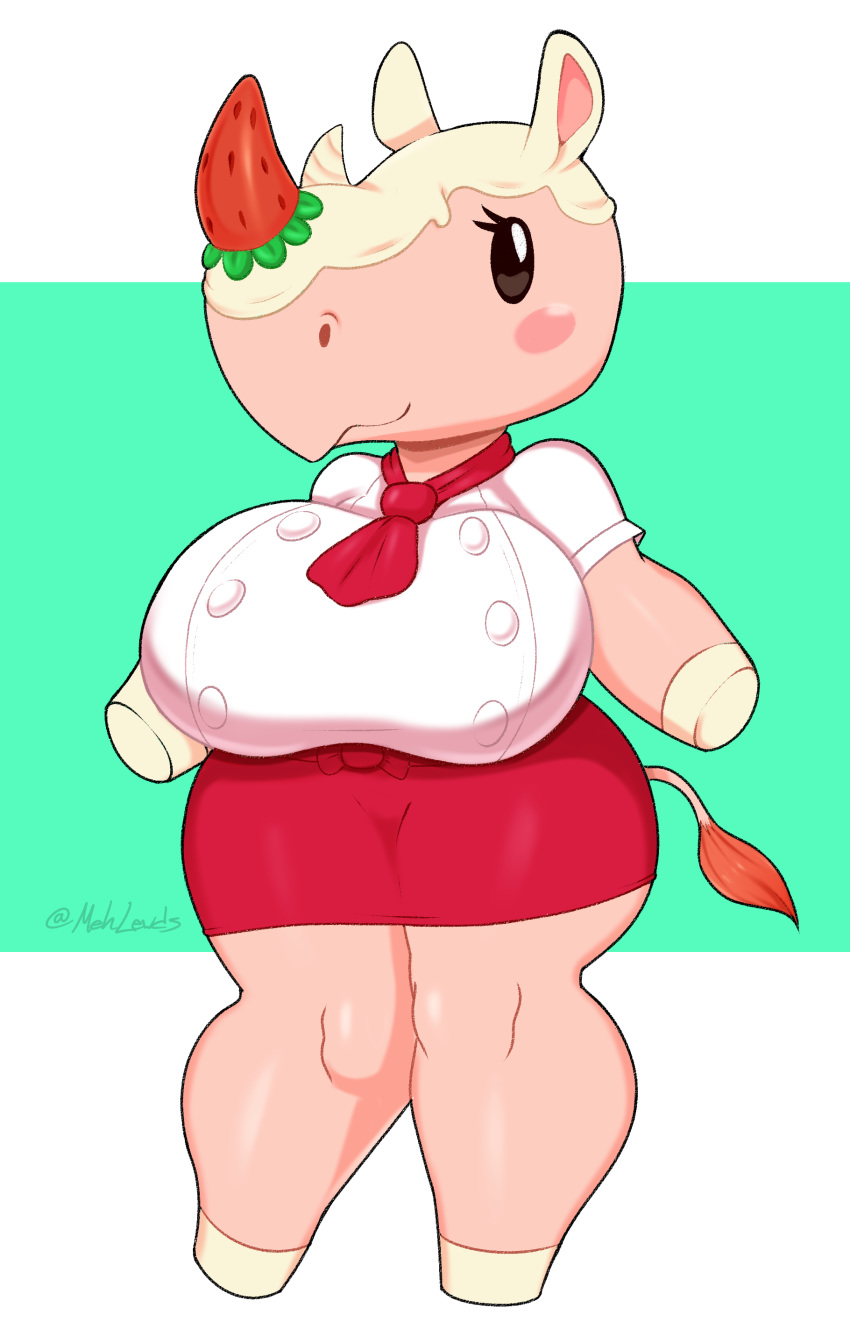 2020 absurd_res animal_crossing anthro big_breasts blush blush_stickers breasts clothed clothing digital_media_(artwork) female food food_creature food_hair fruit hi_res horn mammal mehdrawings merengue_(animal_crossing) nintendo plant pseudo_hair rhinoceros short_stack signature solo strawberry thick_thighs