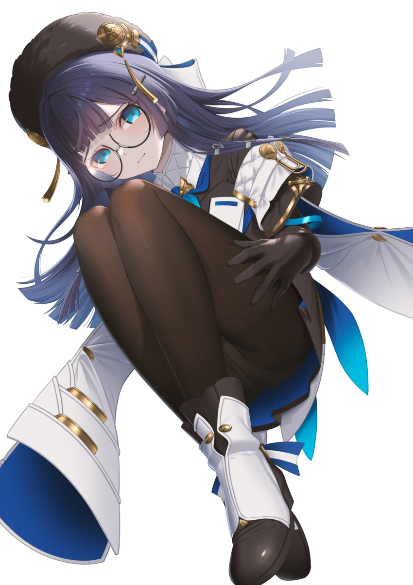 ankle_boots black_gloves black_hat black_pantyhose blue_eyes blue_hair blunt_bangs blunt_ends blush boots coat coat_on_shoulders commentary dot_nose female full_body glasses gloves gold_trim hat hat_tassel highres honkai:_star_rail honkai_(series) knees_up light_smile long_hair looking_at_viewer meda pantyhose pela_(honkai:_star_rail) round_eyewear simple_background solo white_background white_coat white_footwear