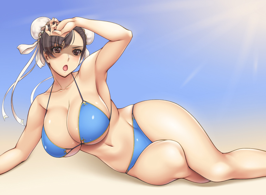 alternate_costume ameoto armpits beach bikini blue_bikini breasts brown_eyes brown_hair bun_cover chun-li cleavage cloud double_bun female hair_bun large_breasts lying navel on_side open_mouth sky street_fighter sun swimsuit