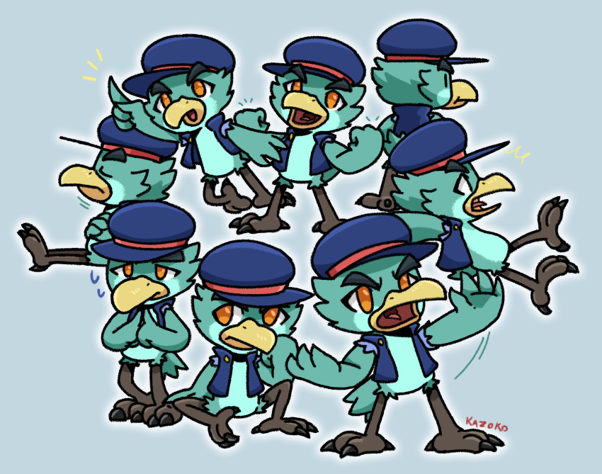 4_fingers anthro avian beak bird black_talons blue_body blue_clothing blue_feathers brown_eyes brown_legs clothing conditional_dnp crossed_arms delivery_(commerce) delivery_employee eyebrows feathers feet fingers fist frown gesture hand_gesture hat headgear headwear hi_res jacket joey_the_delivery_bird kazoko_(artist) male multiple_images open_mouth pointing pose postal_carrier postal_delivery sad sitting smile solo standing tail tail_feathers talons thick_eyebrows toes tongue topwear yellow_beak