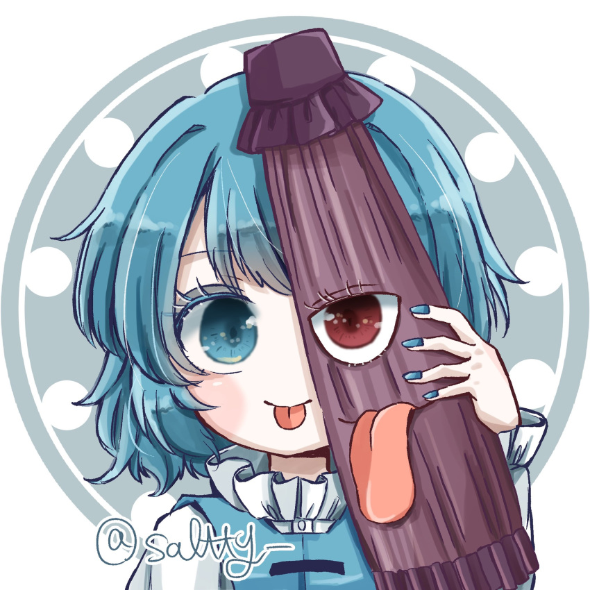 :p blue_eyes blue_hair blue_nails blue_vest closed_mouth female heterochromia highres holding holding_umbrella karakasa_obake nail_polish red_eyes salt_(seasoning) shirt short_hair simple_background smile solo tatara_kogasa tongue tongue_out touhou twitter_username umbrella upper_body vest white_shirt