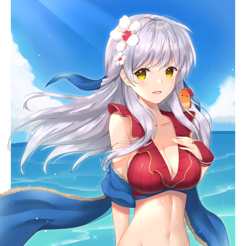 :d animal_on_shoulder bare_shoulders bikini bird bird_on_shoulder blue_scarf blue_sky breasts cleavage collarbone female fingerless_gloves fire_emblem fire_emblem:_radiant_dawn fire_emblem_heroes flower gloves grey_hair groin hair_flower hair_ornament hair_ribbon half_updo hand_on_own_chest highres light_rays long_hair looking_at_viewer medium_breasts micaiah_(fire_emblem) micaiah_(summer)_(fire_emblem) miragetiki navel ocean official_alternate_costume open_mouth outdoors red_bikini red_gloves ribbon scarf sky smile solo sunlight swimsuit towel upper_body water yellow_eyes yune_(fire_emblem)