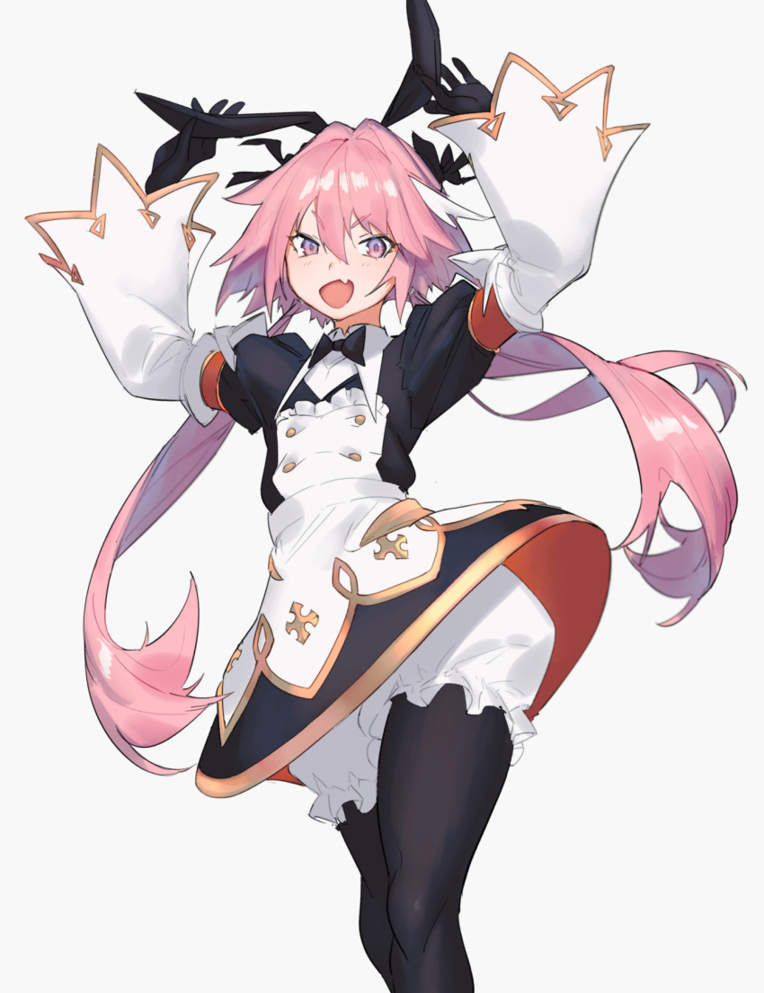 1boy animal_ears astolfo_(fate) astolfo_(saber)_(fate) astolfo_(saber)_(third_ascension)_(fate) black_bow black_gloves black_ribbon bow bowtie commentary_request dress fake_animal_ears fate/grand_order fate_(series) gloves grey_background hair_between_eyes hair_intakes hair_ribbon hairbow highres kaoruko_(unkrk55) long_hair long_sleeves looking_at_viewer male_focus multicolored_hair oerba_yun_fang open_mouth otoko_no_ko pantyhose pink_hair purple_eyes rabbit_ears ribbon simple_background skin_fang solo streaked_hair twintails white_hair