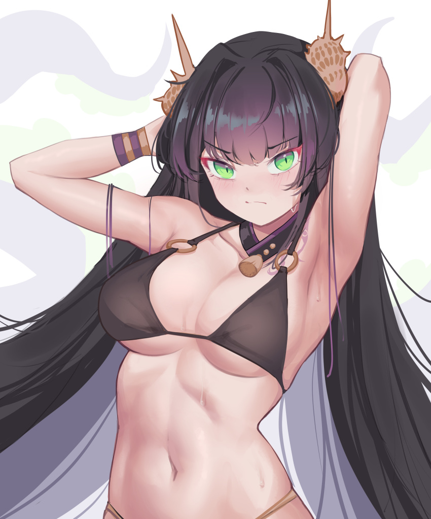 absurdres ara_(guardian_tales) armpits arms_up bikini black_bikini black_hair blush bracelet breasts closed_mouth female frown green_eyes guardian_tales highres jewelry long_hair looking_at_viewer medium_breasts navel seashell shell shell_hair_ornament sliverdog solo swimsuit wet