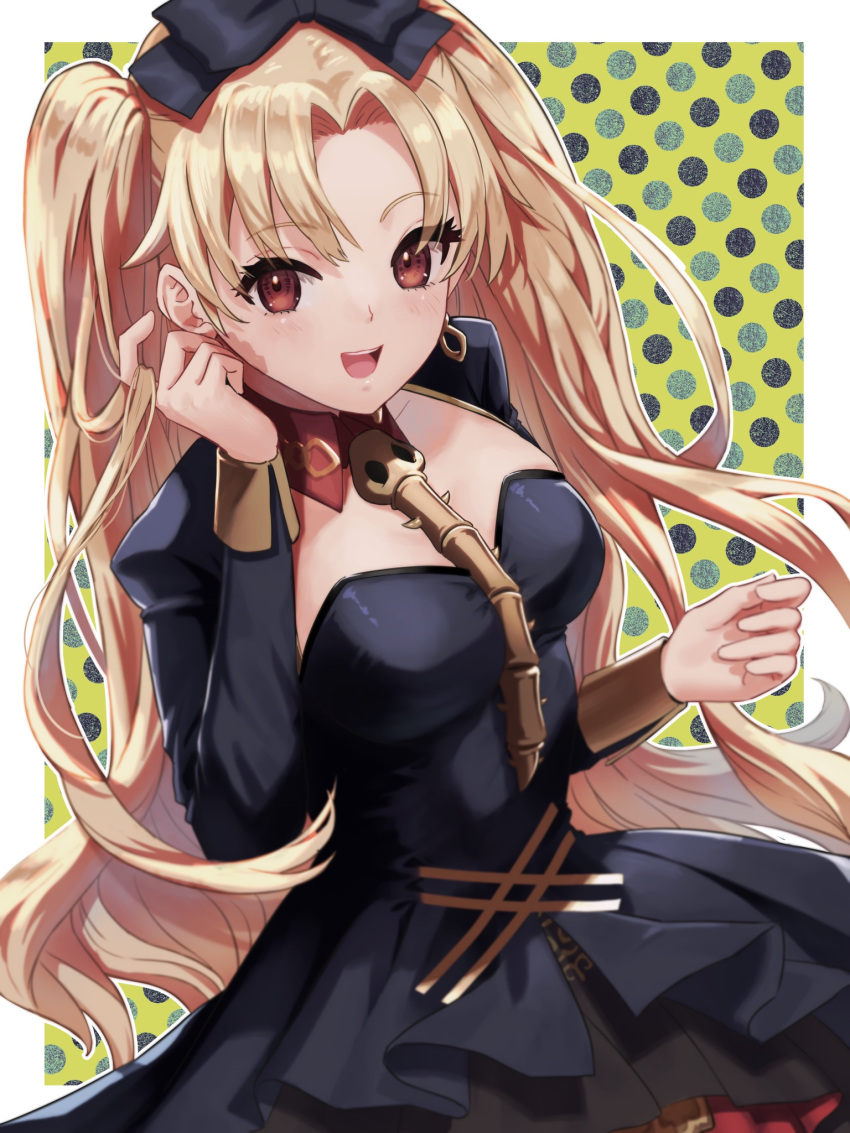 :d achiko_(tamara) adapted_costume alternate_costume between_breasts black_bow black_dress blonde_hair bow breasts brown_eyes commentary_request cowboy_shot detached_collar dress earrings ereshkigal_(fate) ereshkigal_(third_ascension)_(fate) fate/grand_order fate_(series) female floating_hair green_background hairbow half_updo hand_hair hand_on_own_face hands_up highres jewelry juliet_sleeves layered_dress light_blush long_hair long_sleeves looking_at_viewer medium_breasts open_mouth parted_bangs polka_dot polka_dot_background puffy_sleeves skull sleeve_cuffs smile solo spine teeth two_side_up upper_teeth_only very_long_hair