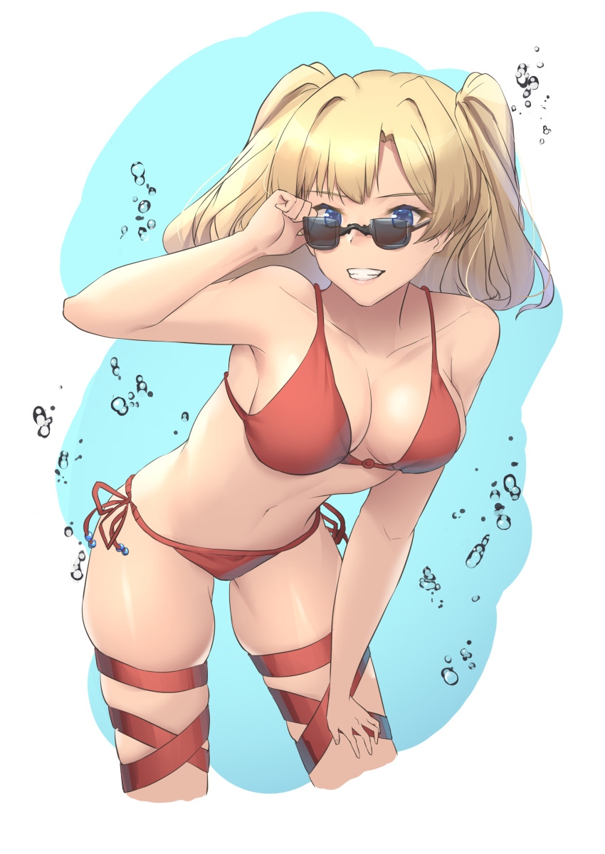 absurdres adjusting_eyewear bad_anatomy bikini blonde_hair blue_eyes blush braid breasts cleavage collarbone commentary cowboy_shot cropped_legs female granblue_fantasy grin hair_intakes hair_ornament hairband hand_on_own_thigh highres large_breasts leaning_forward long_hair looking_at_viewer looking_over_eyewear navel pepeo red_bikini side-tie_bikini_bottom simple_background skindentation smile solo sunglasses swimsuit thick_thighs thigh_strap thighs twintails zeta_(granblue_fantasy) zeta_(summer)_(granblue_fantasy)