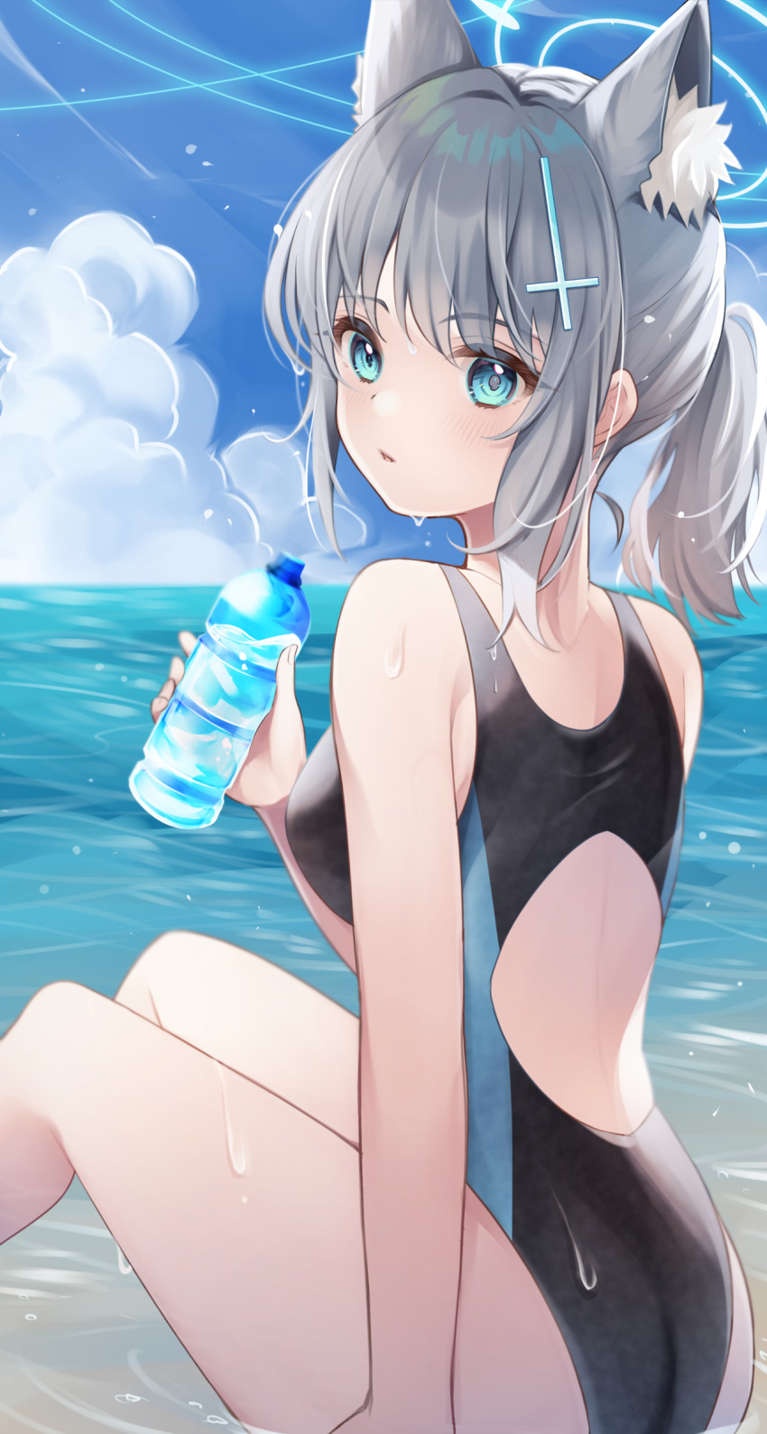 absurdres animal_ear_fluff animal_ears arm_support back blue_archive blue_sky bottle breasts cloud cloudy_sky competition_swimsuit cross_hair_ornament extra_ears female hair_ornament halo highres ichinose_(sorario) looking_at_viewer looking_to_the_side mismatched_pupils ocean official_alternate_costume one-piece_swimsuit outdoors partially_submerged shiroko_(blue_archive) shiroko_(swimsuit)_(blue_archive) short_ponytail sitting sky solo swimsuit water wolf_ears