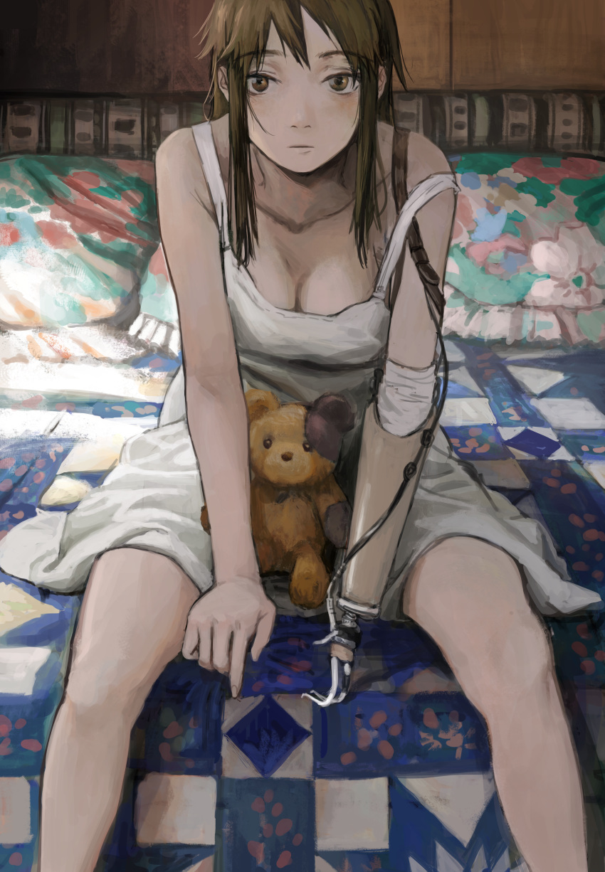 absurdres amputee bad_id bad_pixiv_id bare_arms breasts brown_eyes brown_hair cleavage closed_mouth collarbone commentary_request dress expressionless female highres leaning_forward long_hair looking_at_viewer on_bed original pillow prosthesis prosthetic_arm sidelocks sitting sleeveless sleeveless_dress solo stuffed_animal stuffed_toy teddy_bear tomiya_(tomiya2117) white_dress