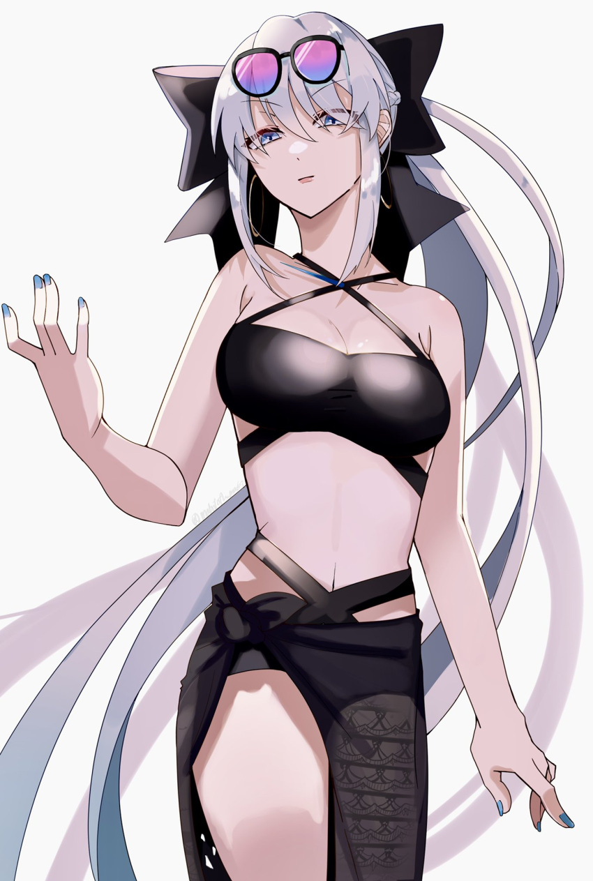 black_bow blue-tinted_eyewear blue_eyes blue_nails bow braid breasts cleavage criss-cross_back-straps criss-cross_halter eyewear_on_head fate/grand_order fate_(series) female grey_hair half_up_braid halterneck highres large_breasts long_hair mabotofu_maki morgan_le_fay_(chaldea_satellite_station)_(fate) morgan_le_fay_(fate) sarong sidelocks swept_bangs tinted_eyewear white_background