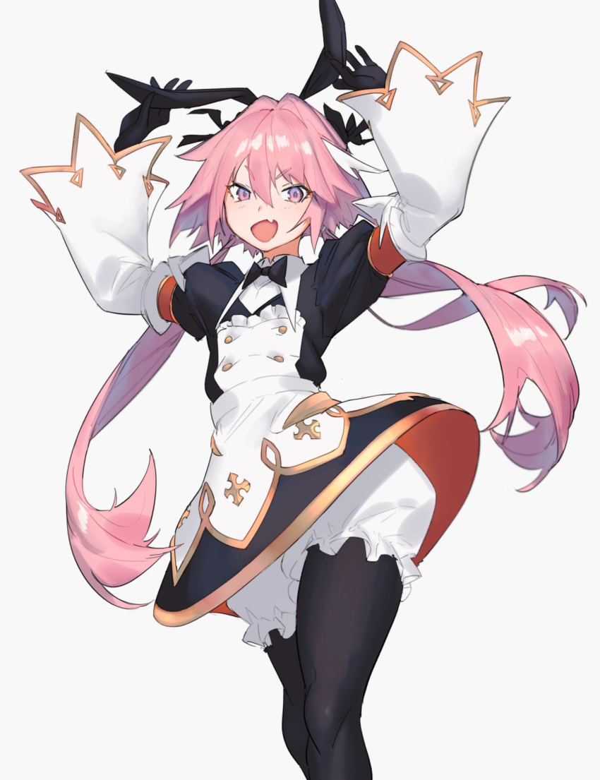 1boy animal_ears astolfo_(fate) astolfo_(saber)_(fate) astolfo_(saber)_(third_ascension)_(fate) bad_id bad_twitter_id black_bow black_gloves black_ribbon bow bowtie dress fake_animal_ears fate/grand_order fate_(series) gloves grey_background hair_between_eyes hair_intakes hair_ribbon hairbow highres kaoruko_(unkrk55) long_hair long_sleeves looking_at_viewer male_focus multicolored_hair oerba_yun_fang open_mouth otoko_no_ko pantyhose pink_hair purple_eyes rabbit_ears ribbon simple_background skin_fang solo streaked_hair twintails white_hair