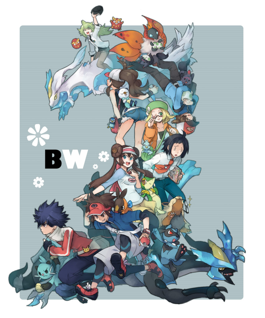 3_3 3girls 5boys alternate_form ass bag baseball_cap beret bianca_(pokemon) black_hair black_kyurem blonde_hair book brown_hair cameo cheren_(pokemon) commentary_request copyright_name darumaka denim denim_shorts dewott double_bun ducklett egg eggshell fingerless_gloves food glasses gloves green_hair hair_bun hat highres hilbert_(pokemon) hilda_(pokemon) holding holding_book holding_egg holding_food holding_poke_ball hugh_(pokemon) jacket kyurem leggings mayday minccino multiple_boys multiple_girls n_(pokemon) nate_(pokemon) necktie on_shoulder oshawott pantyhose photoshop_(medium) pikachu piplup poke_ball poke_ball_(basic) poke_ball_print pokemon pokemon_(creature) pokemon_bw pokemon_bw2 pokemon_egg pokemon_on_shoulder ponytail raglan_sleeves ribbon riolu rosa_(pokemon) shoes shorts shoulder_bag sneakers snivy sparkle spiked_hair starter_pokemon_trio stoutland tepig twintails unworn_eyewear unworn_hat unworn_headwear upside-down vest visor_cap white_kyurem zorua