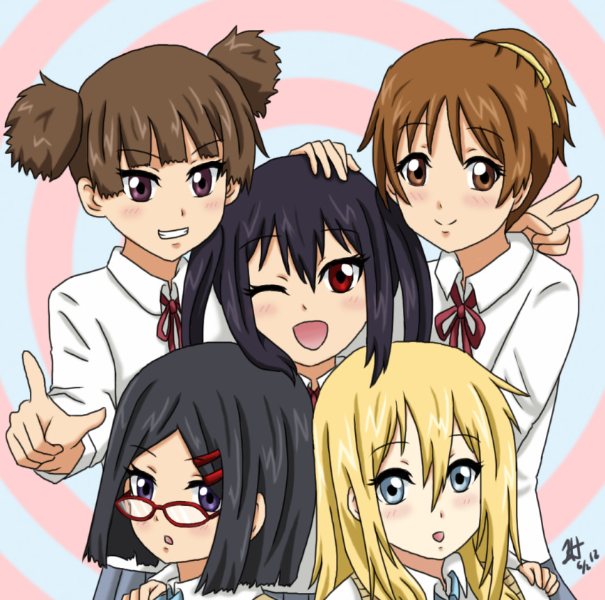 5girls athyra black_hair blonde_hair blue_eyes blush brown_eyes brown_hair commentary_request glasses hair_ornament hairclip hirasawa_ui k-on! long_hair multiple_girls nakano_azusa okuda_nao photoshop_(medium) purple_eyes red_eyes saitou_sumire sakuragaoka_high_school_uniform school_uniform short_hair smile suzuki_jun twintails v