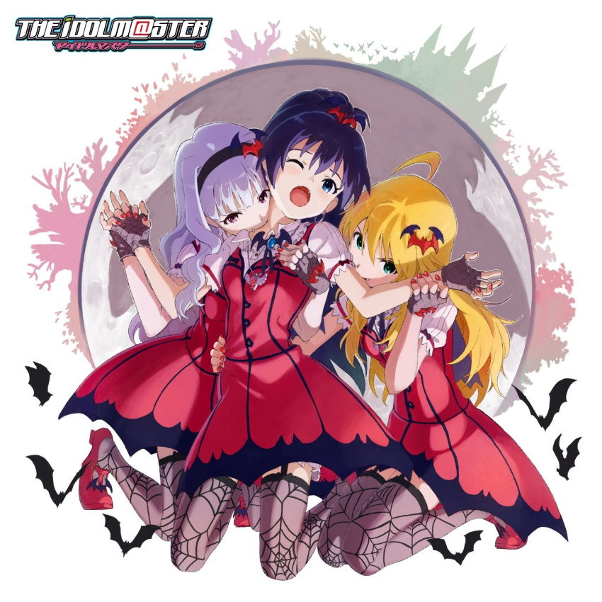 3girls ;o ahoge album_cover arm_around_waist bat_(animal) bat_hair_ornament biting black_hair blonde_hair blue_eyes copyright_name cover dress fangs fingerless_gloves full_moon ganaha_hibiki garter_straps girl_sandwich gloves green_eyes grey_hair hair_ornament hairband hand_on_another's_chest highres holding_another's_wrist holding_hands hoshii_miki idolmaster idolmaster_(classic) interlocked_fingers jewelry kneeling long_hair looking_at_viewer matsuo_yuusuke moon multiple_girls my_dear_vampire_(idolmaster) nail_polish neck_biting necklace oerba_yun_fang official_art one_eye_closed open_mouth ponytail print_thighhighs puffy_sleeves purple_eyes red_dress red_footwear red_nails resized sandwiched shijou_takane shoes short_dress spider_web_print sweat thighhighs upscaled vampire wince