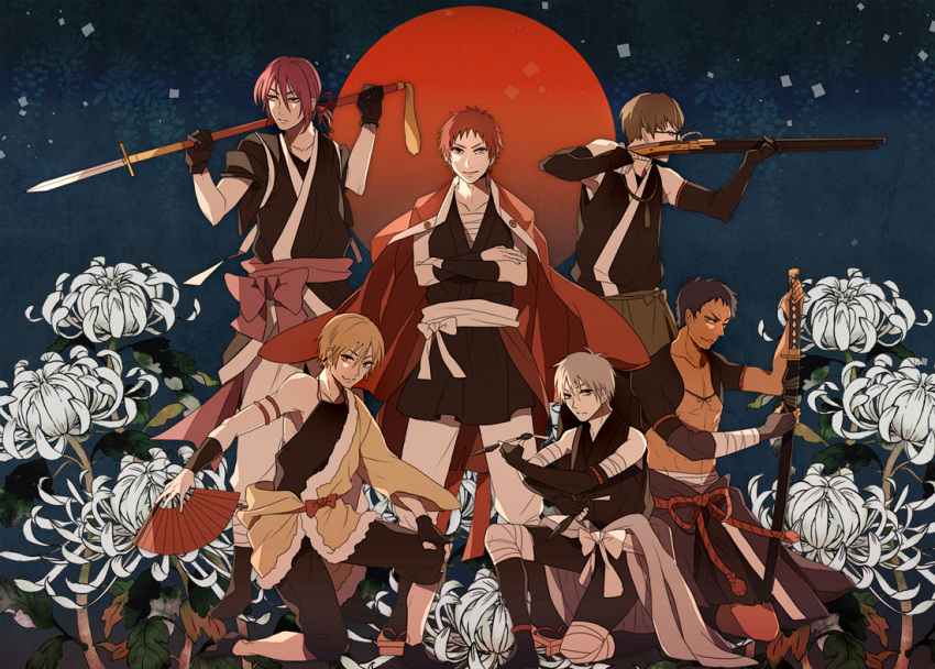 6+boys akashi_seijuurou antique_firearm aomine_daiki arquebus bad_id bad_pixiv_id bandages blonde_hair blue_hair chest_sarashi chrysanthemum dark-skinned_male dark_skin firelock flower full_moon glasses gun hand_fan heterochromia japanese_clothes kise_ryouta kunai kuroko_no_basuke kuroko_tetsuya male_focus matchlock midorima_shintarou midriff_sarashi moon multiple_boys murasakibara_atsushi polearm ponytail red_hair sarashi school_uniform short_hair smile spear sushiko15 sword weapon white_flower white_hair