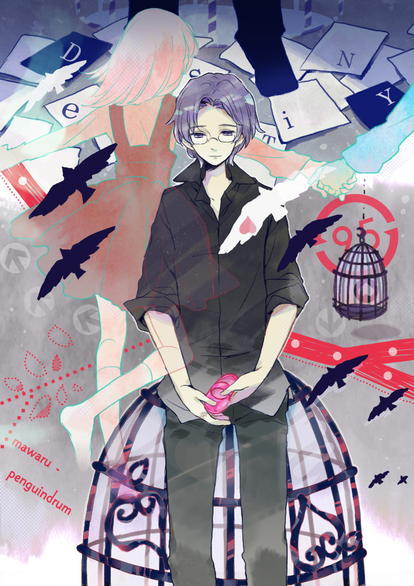 1boy alice_sora bad_id bad_pixiv_id birdcage blue_eyes blue_hair cage commentary_request dress female ghost glasses highres mawaru_penguindrum oginome_momoka photoshop_(medium) pink_hair purple_eyes purple_hair tabuki_keiju