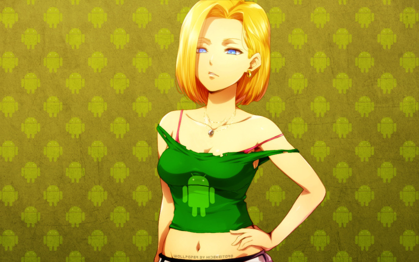 android_(os) android_18 artist_name bare_shoulders blonde_hair blue_hair breasts collarbone commentary_request crop_top derivative_work dragon_ball dragon_ball_z earrings female hairu hand_on_own_hip hidekeitaro jewelry medium_breasts midriff name_connection navel necklace parted_lips solo strap_slip tank_top torn_clothes